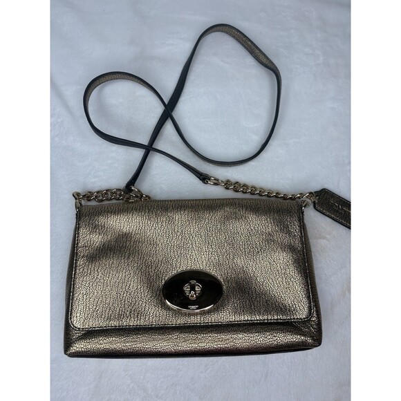 Coach Crosstown Metallic Gold Crossgrain Crosstown Crossbody Purse Pebble Leathe - Picture 1 of 12
